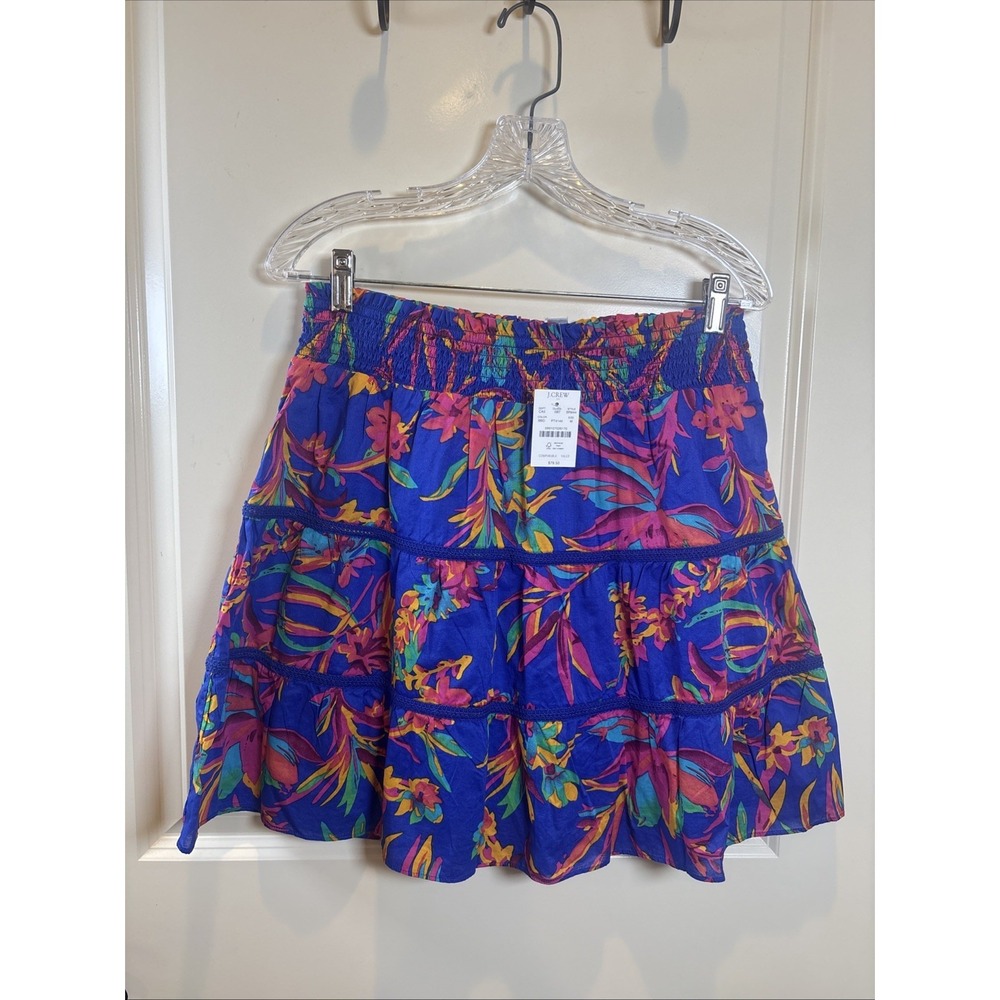 NWT J. Crew Tropical Floral Smocked Tiered Mini‎ Skirt Crochet Trim Boho Medium
